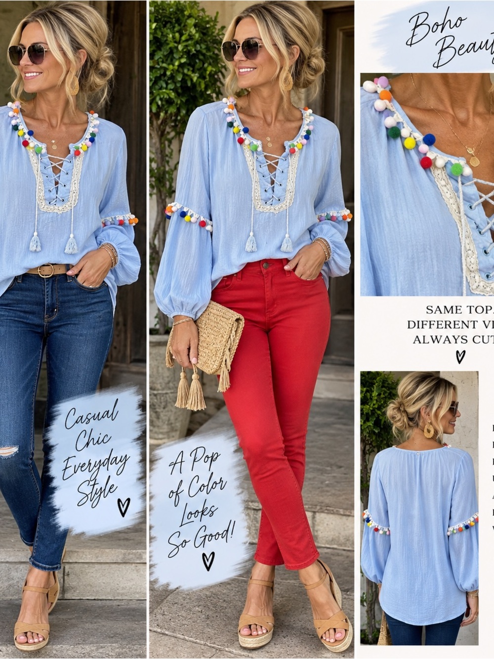 Love Riche Light Blue Pom-Pom Lace-Up Boho Tunic